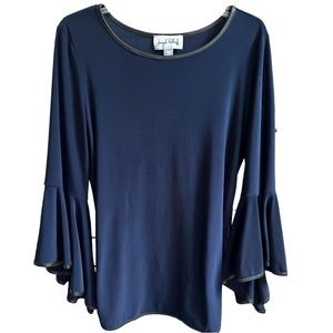 Joseph Ribkoff Midnight Blue Jersey Knit Black Trim Trumpet Sleeve Top
